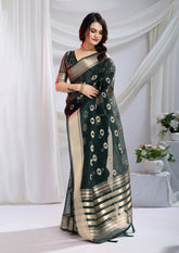 Midnight Green Silk Saree with Detailed Zari Weave